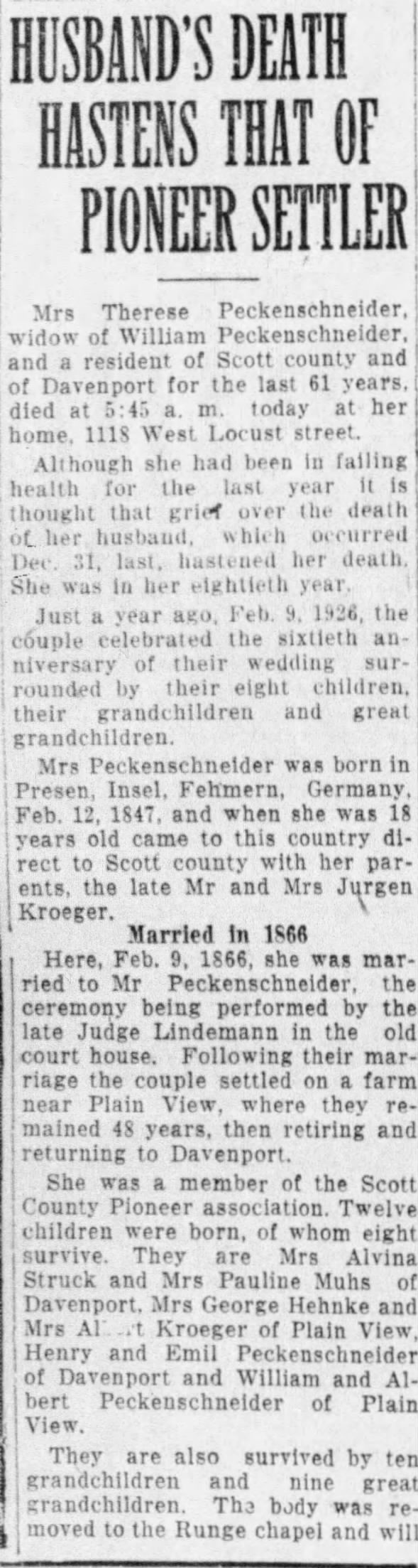 Obituary for Therese Peckenschneider